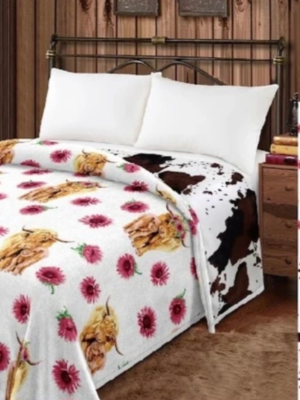 Floral & Cow Print Plush Bed Blanket - White with Pink and Brown Accents